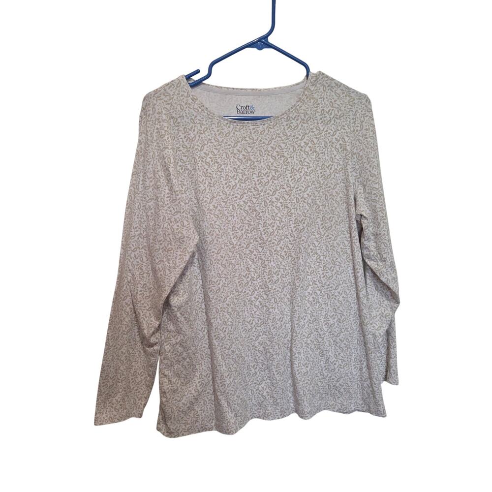 Croft & Barrow Cream Paisley Leaf Long Sleeve Classic Tee Crewneck T-Shirt Sz 0X